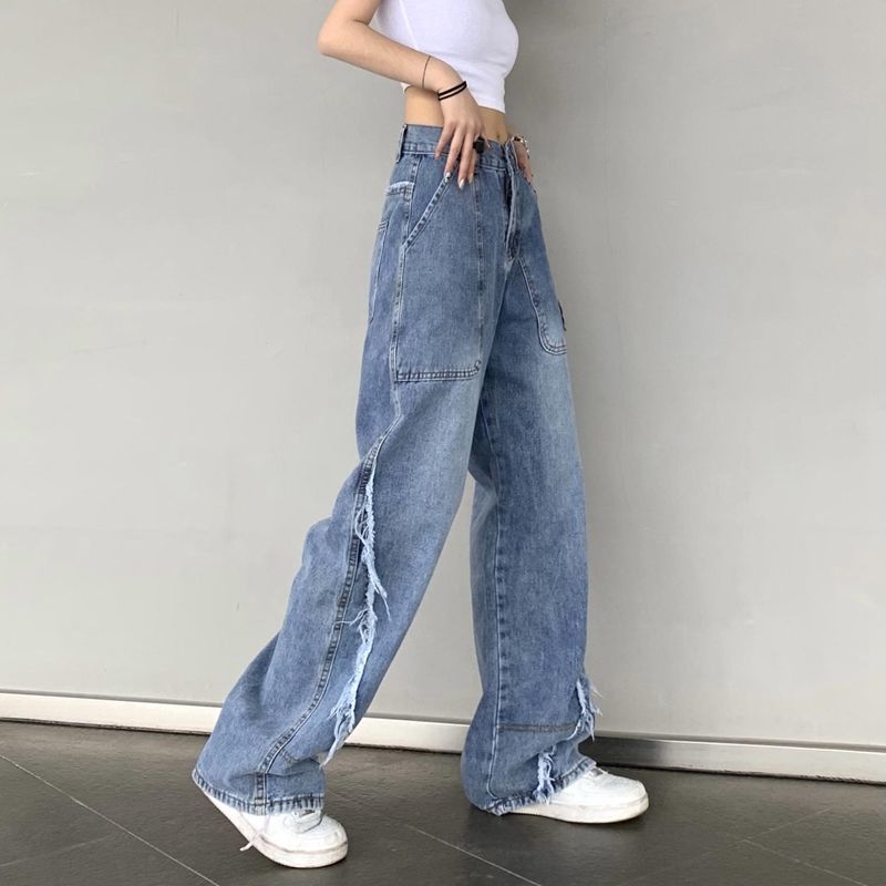 High Waist Frayed Side Seam Raw Edge Baggy Wide Leg Jeans 2