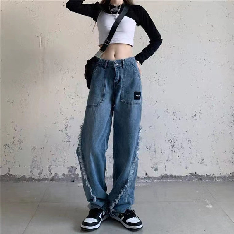 High Waist Frayed Side Seam Raw Edge Baggy Wide Leg Jeans 4