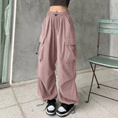 Y2K Cargo Drawstring Pleated Wide Pants red 3 / S