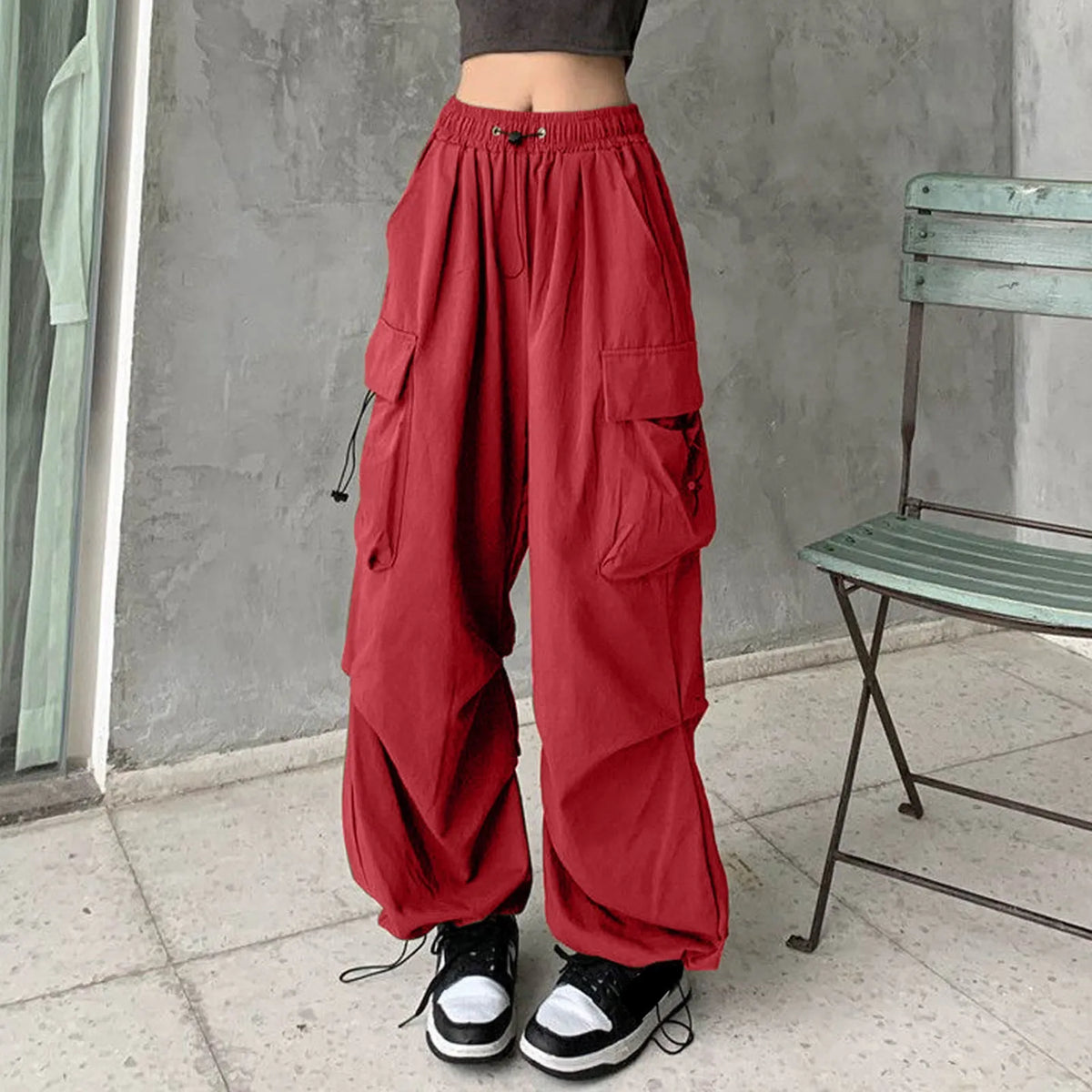Elastic Waist Toggle Drawstring Flap Pocket Baggy Parachute Cargo Pants