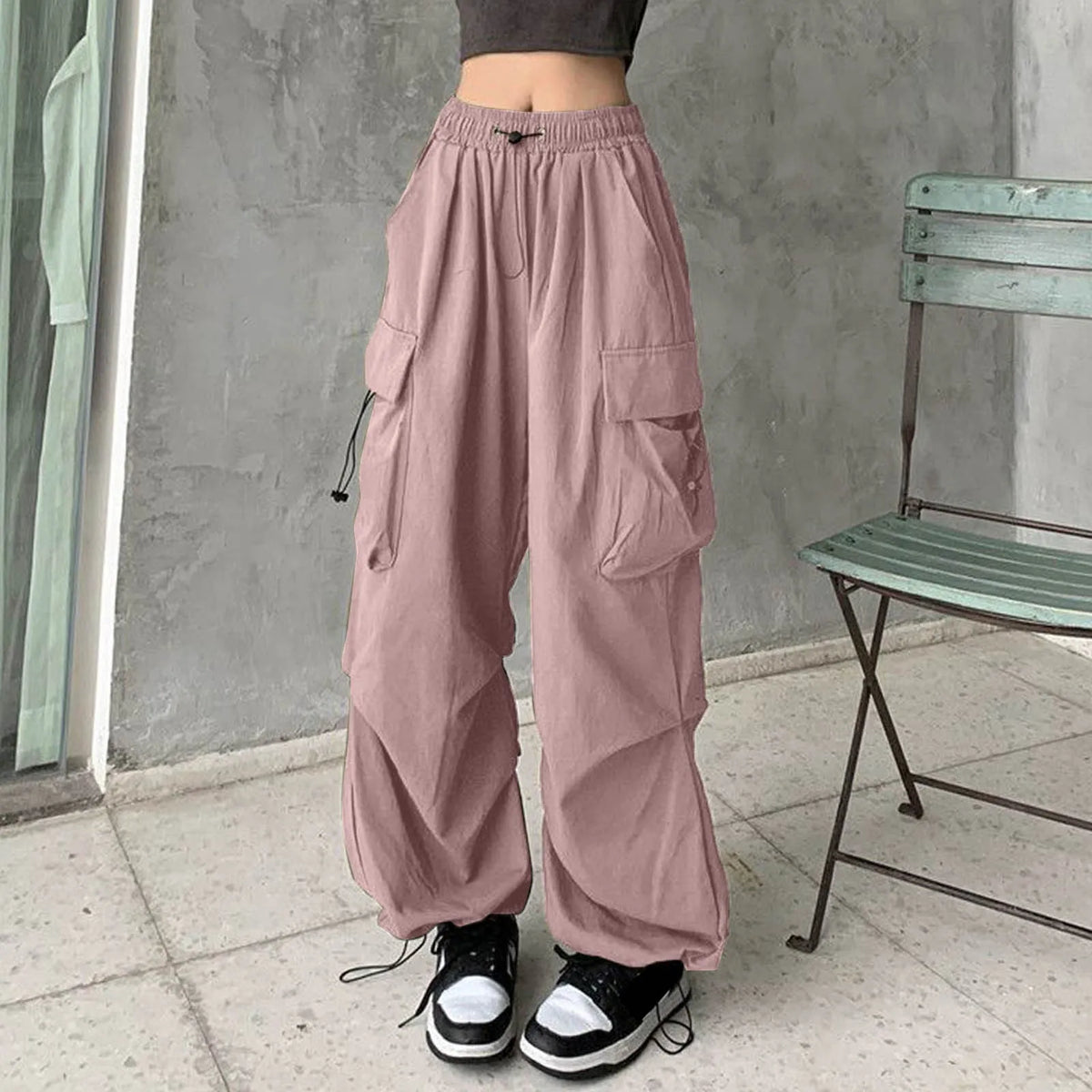 Elastic Waist Toggle Drawstring Flap Pocket Baggy Parachute Cargo Pants 2