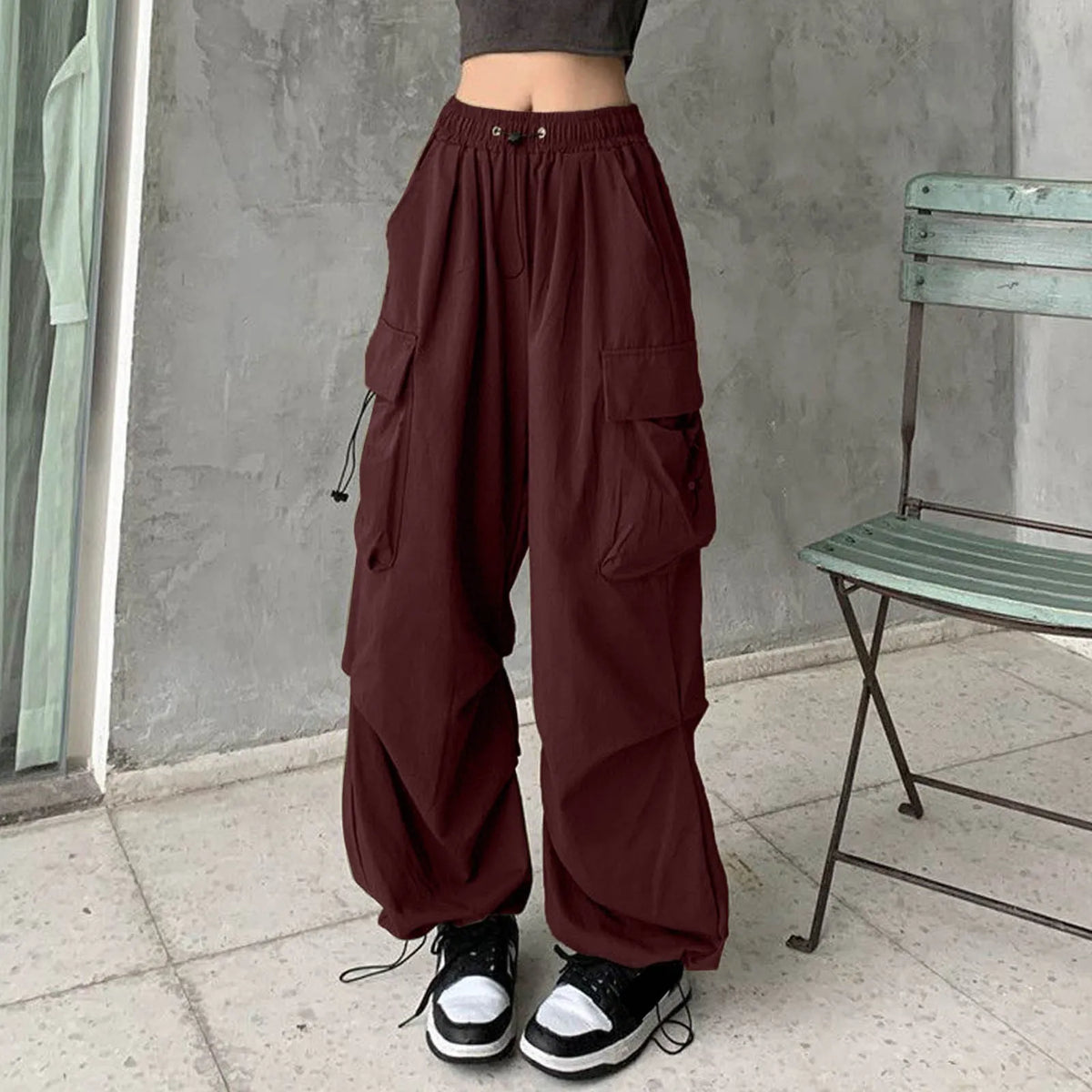Elastic Waist Toggle Drawstring Flap Pocket Baggy Parachute Cargo Pants 3