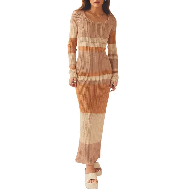 Fernanda Minimalist Off Shoulder Striped Knit Maxi Dress Evening Wear Edit