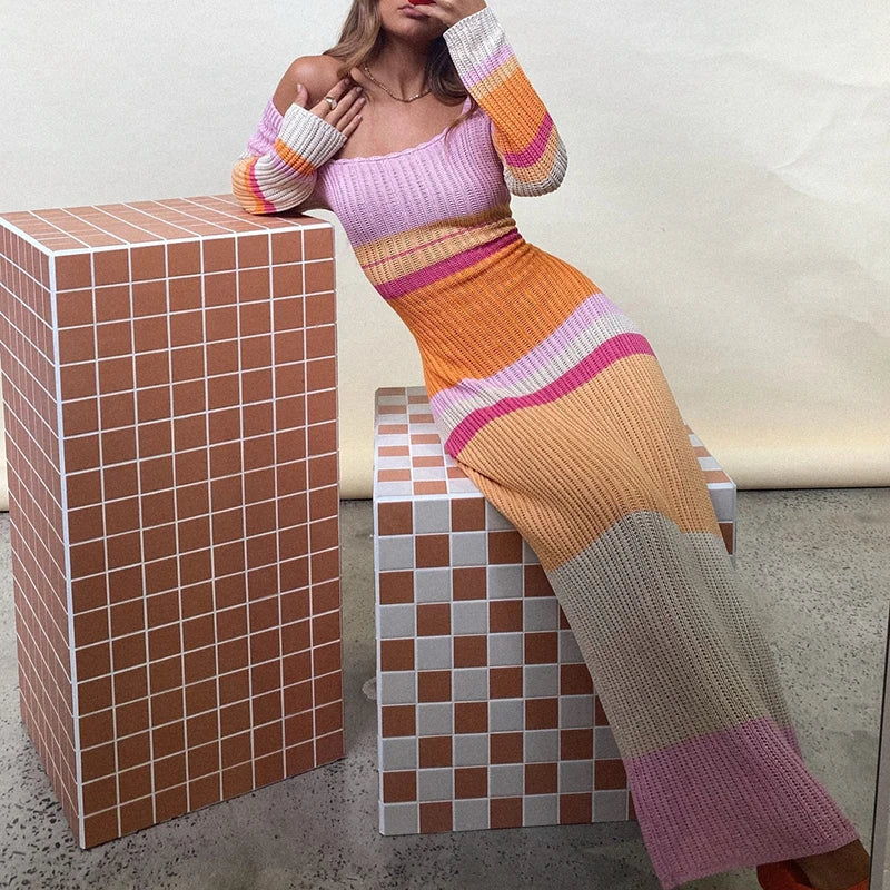 Striped Ribbed Knit Off Shoulder Long Sleeve Bodycon Maxi Dress