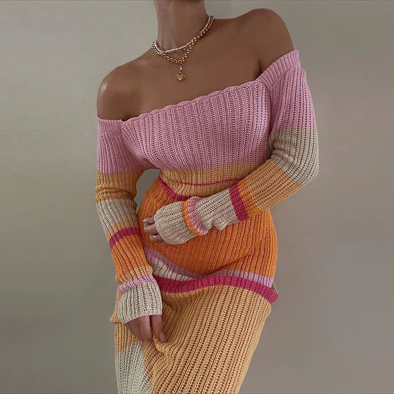 Striped Ribbed Knit Off Shoulder Long Sleeve Bodycon Maxi Dress 3