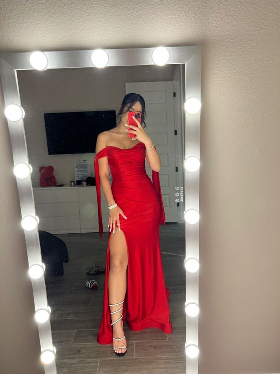 Red Elegant Off-the-shoulder Sleeveless Evening Dress cc988