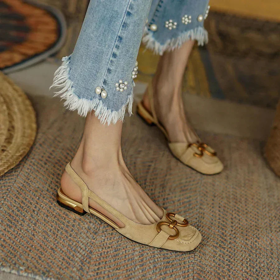 Metal Buckle Square Toe Slingback Low Heel Flats