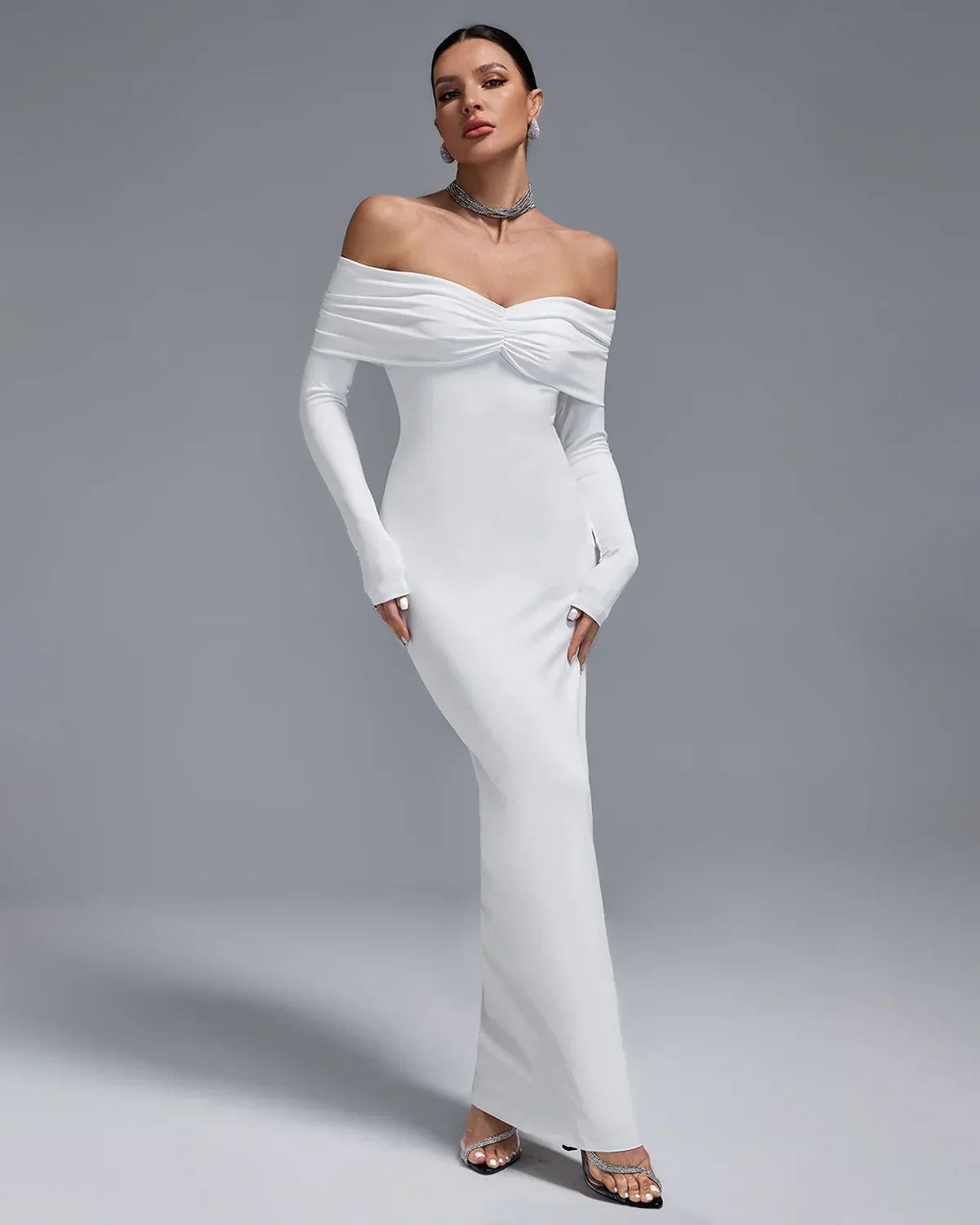 Off Shoulder Ruched Fold Long Sleeve Mermaid Maxi Dress 11