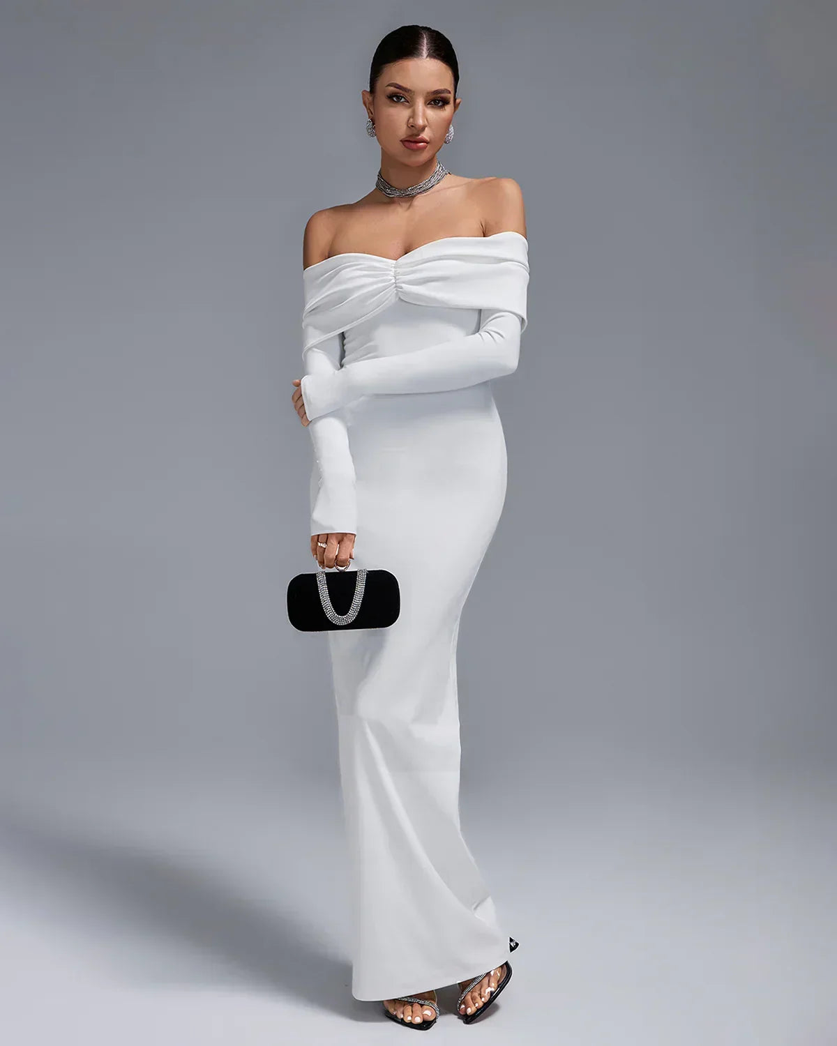 Off Shoulder Ruched Fold Long Sleeve Mermaid Maxi Dress 6