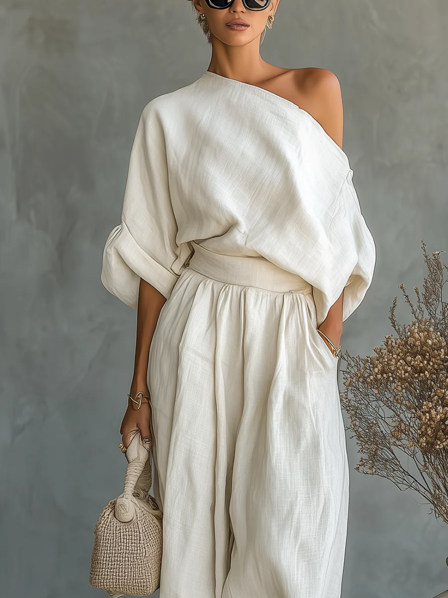 One Shoulder Batwing Sleeve Top and Wide Leg Pants Two Piece Set