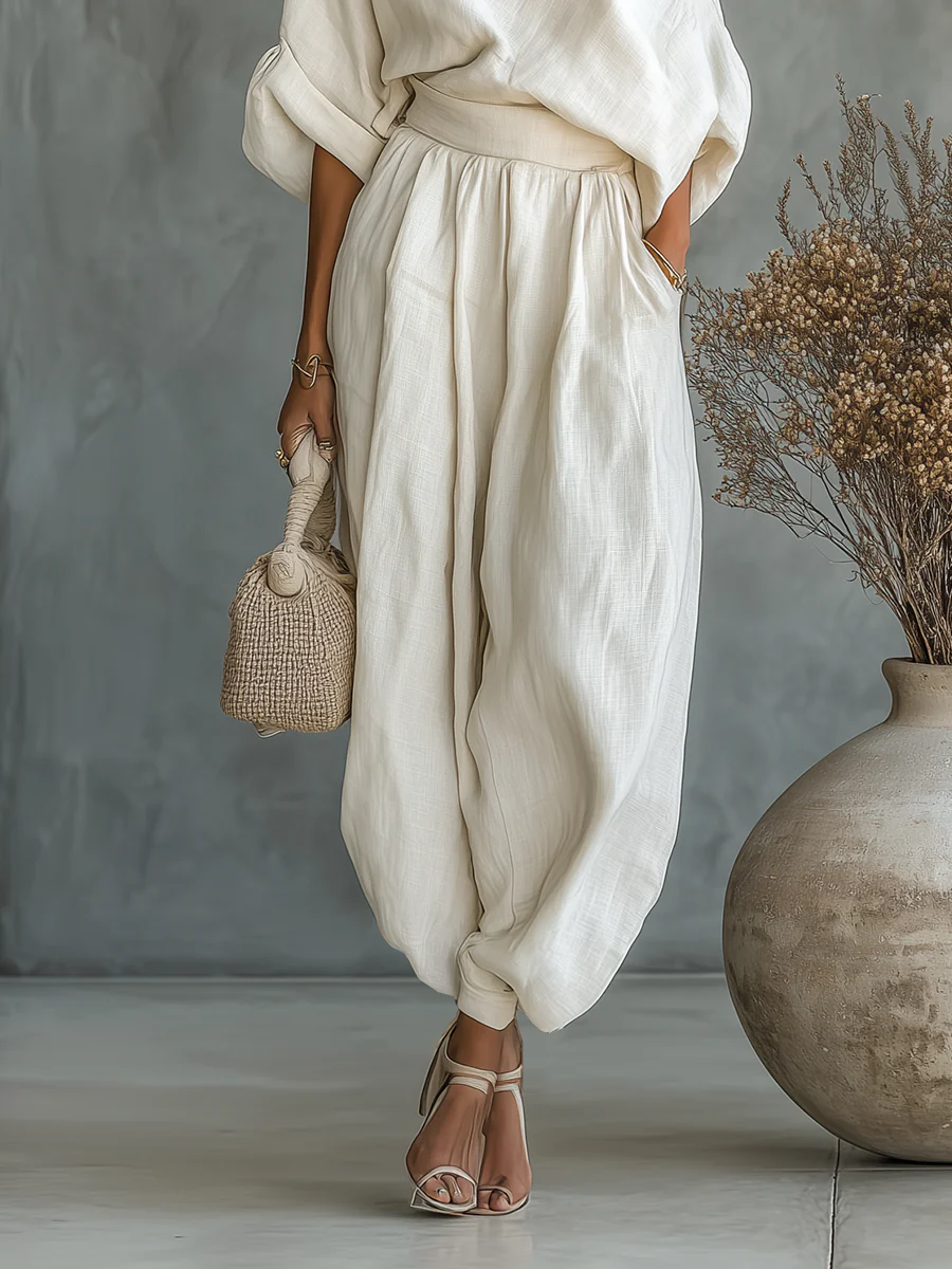 One Shoulder Batwing Sleeve Top and Wide Leg Pants Two Piece Set