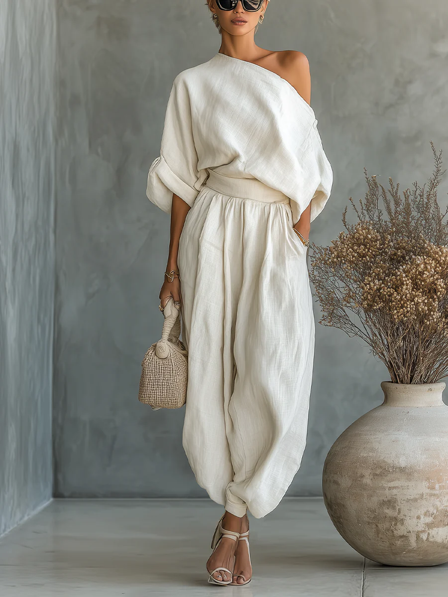 One Shoulder Batwing Sleeve Top and Wide Leg Pants Two Piece Set