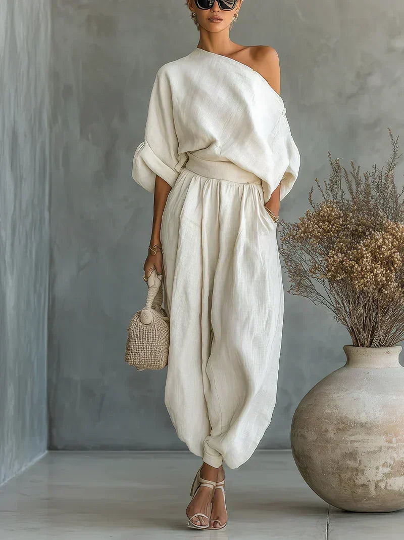One Shoulder Batwing Top and Wide Leg Pants Two Piece Set