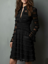 Collared Long Sleeve Fringe Tiered Mini Dress 3