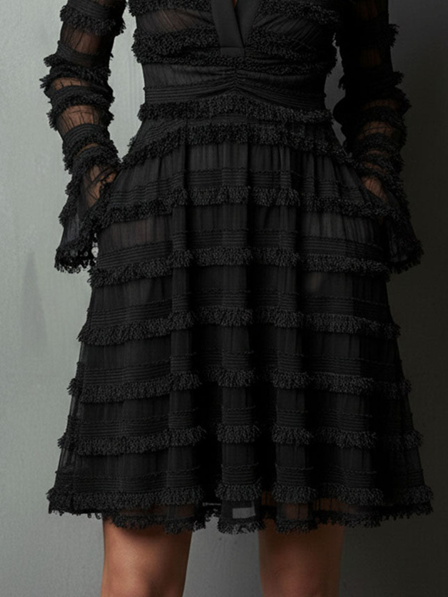 Collared Long Sleeve Fringe Tiered Mini Dress 7