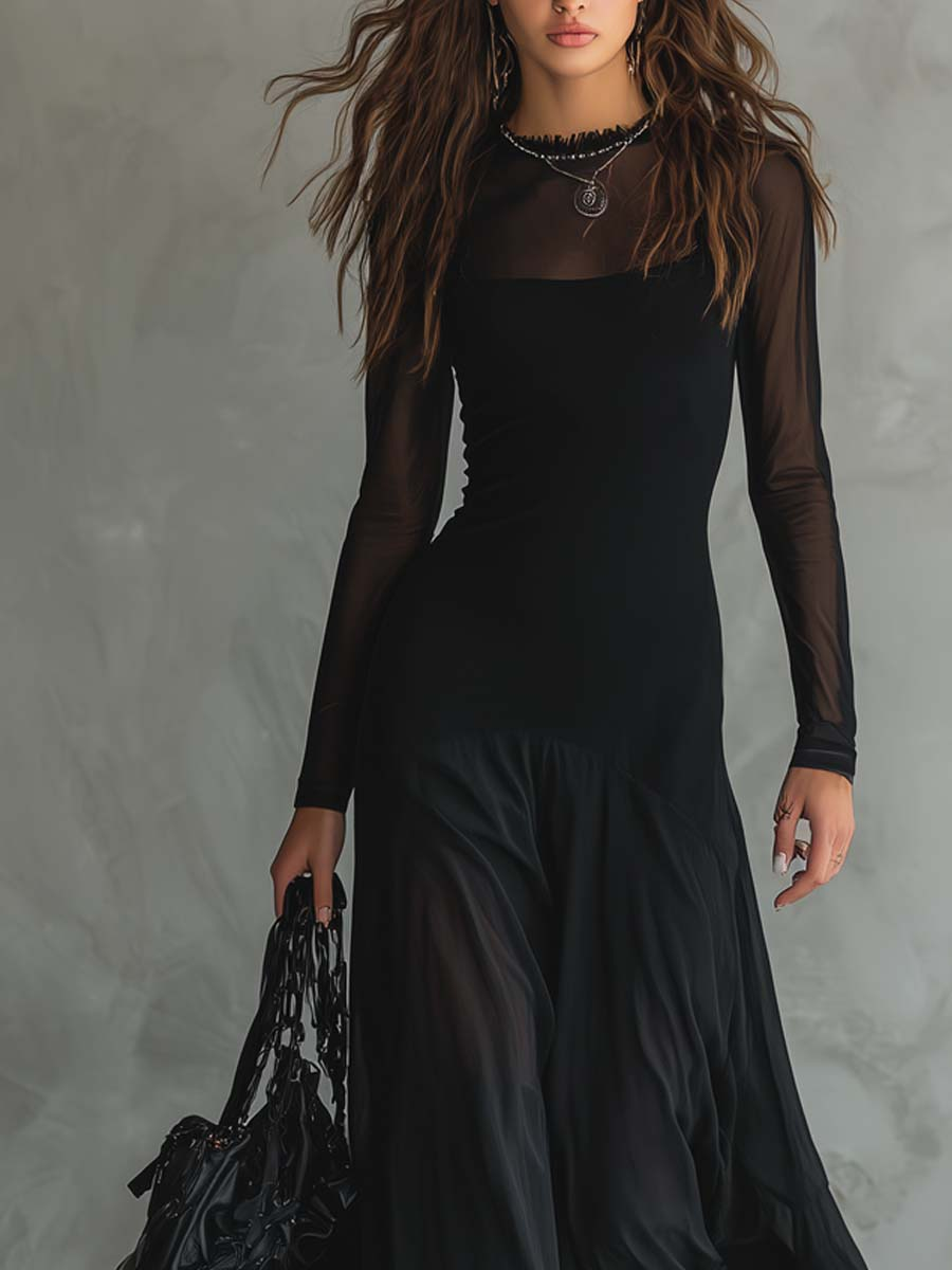 Sheer Mesh Long Sleeve Square Neck Maxi Dress