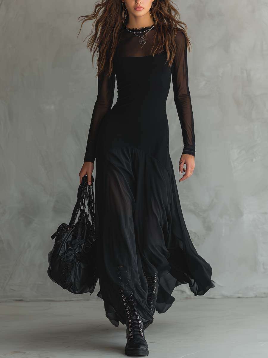 Sheer Mesh Long Sleeve Square Neck Maxi Dress
