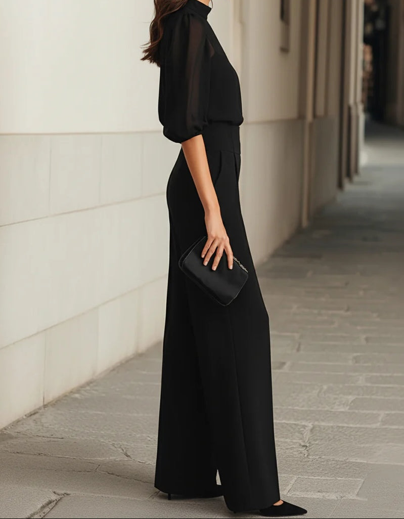 Puff Sleeve Sheer Top Cami and Wide Leg Pants Three Piece Set