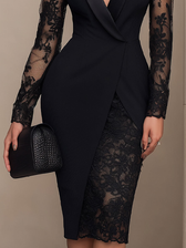 Deep V-Neck Lace Long Sleeve Bodycon Midi Dress 4