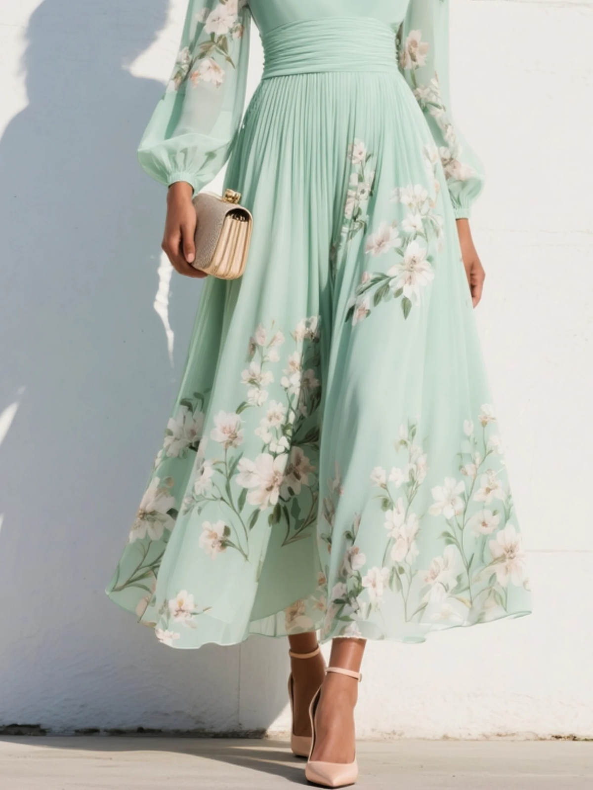 Cecile | Light Green Floral Midi Dress