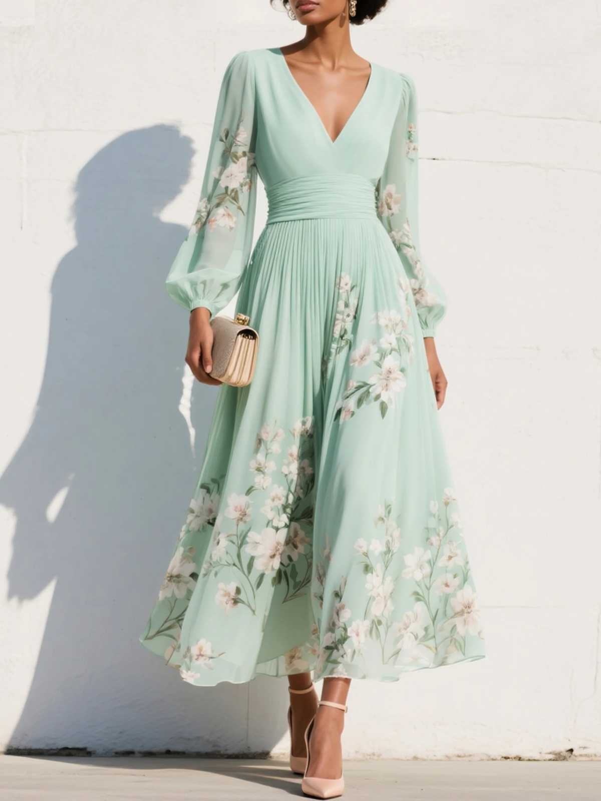 Cecile | Light Green Floral Midi Dress