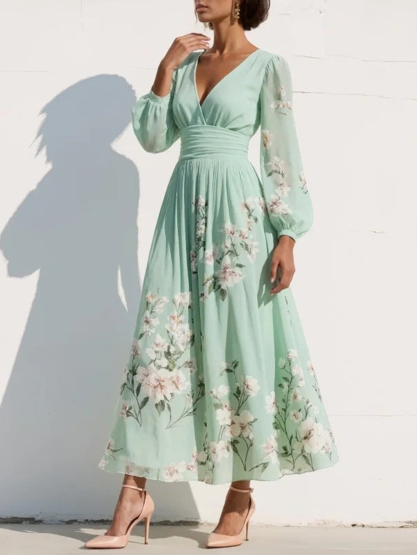 Cecile | Light Green Floral Midi Dress