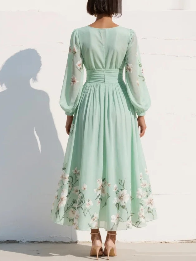 Cecile | Light Green Floral Midi Dress