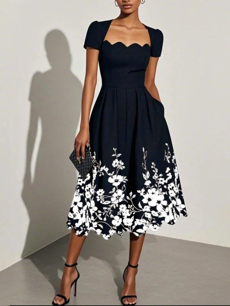 Black Floral Print Irregular Square Neck Short Sleeve A-line Midi Dress Black