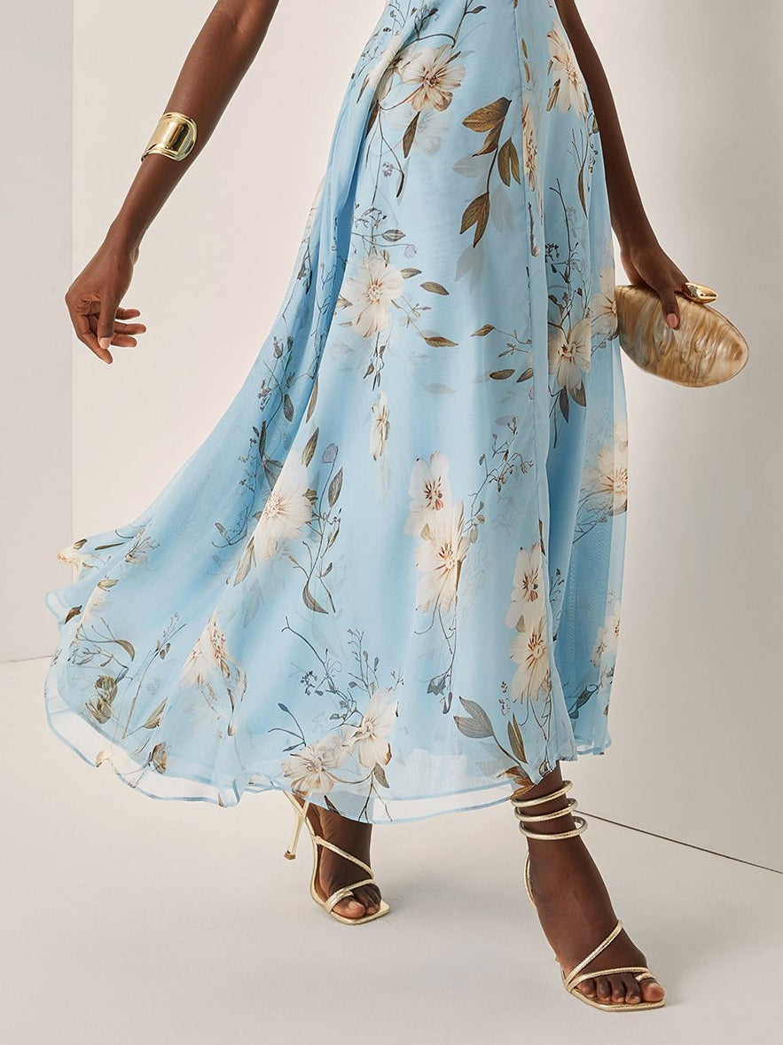 Floral One Shoulder Chiffon A-Line Midi Dress 5