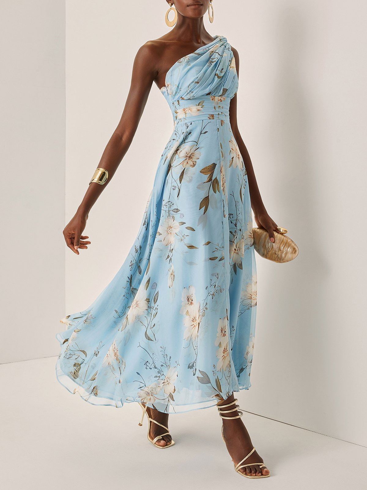Floral One Shoulder Chiffon A-Line Midi Dress 2