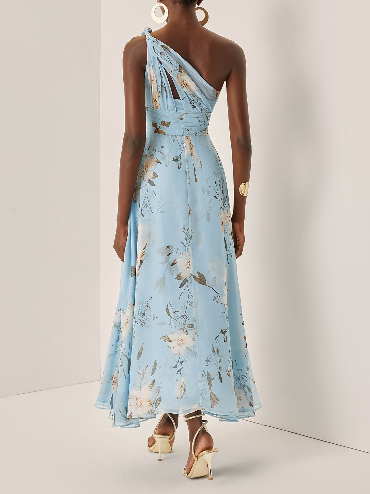Floral One Shoulder Chiffon A-Line Midi Dress 3