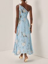 Floral One Shoulder Chiffon A-Line Midi Dress 3