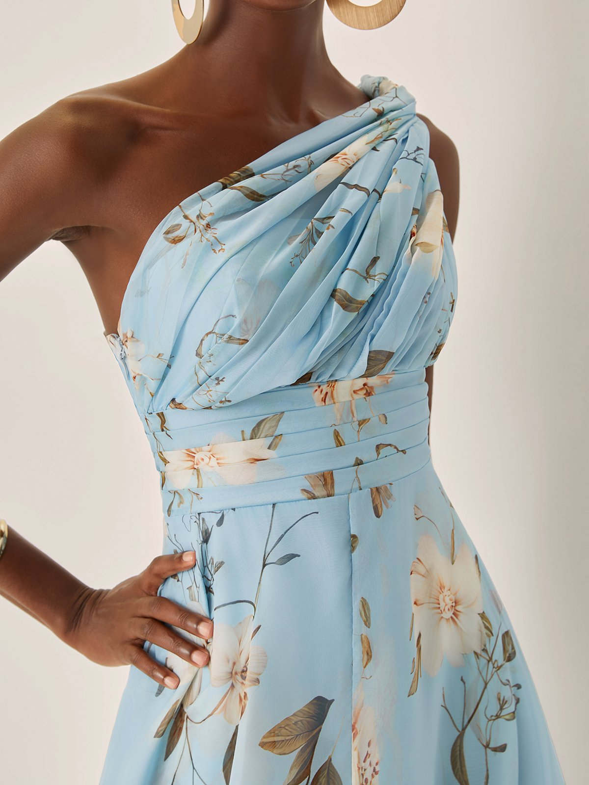 Floral One Shoulder Chiffon A-Line Midi Dress 4