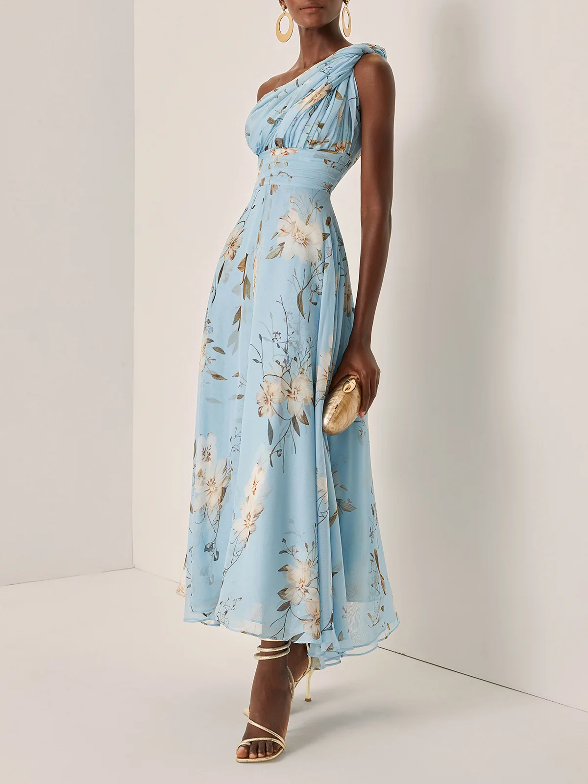 Floral One Shoulder Chiffon A-Line Midi Dress