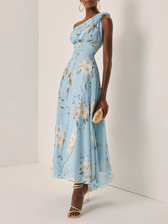 Floral One Shoulder Chiffon A-Line Midi Dress