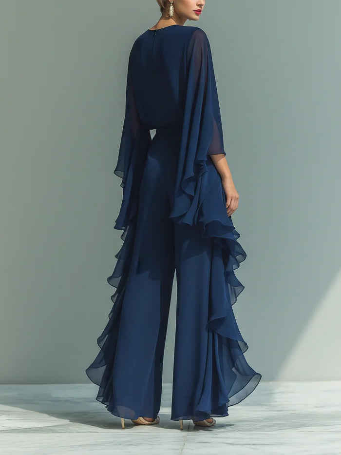 Round Neck Cape Sleeve Ruffle Wide Leg Jumpsuit