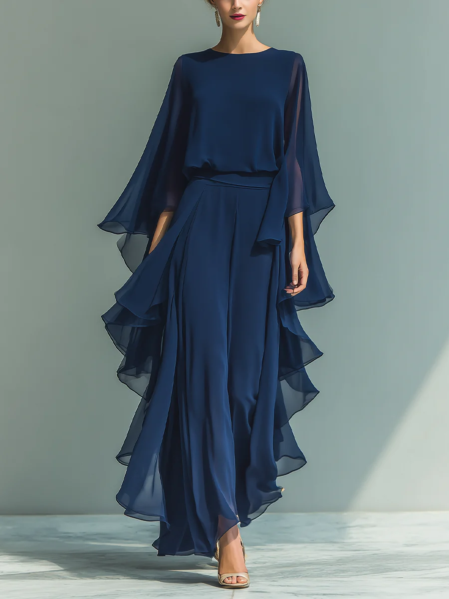 Round Neck Cape Sleeve Ruffle Wide Leg Jumpsuit
