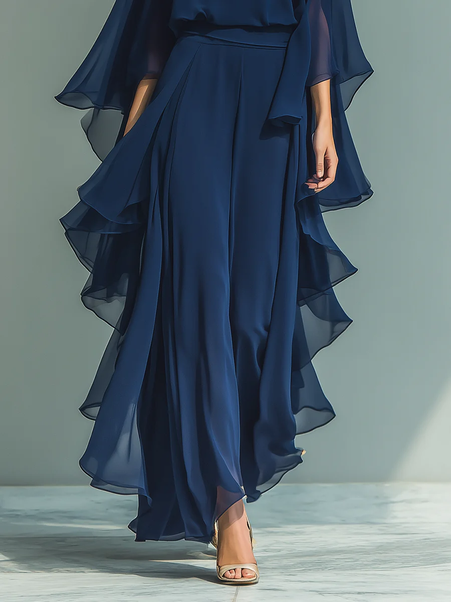 Round Neck Cape Sleeve Ruffle Wide Leg Jumpsuit