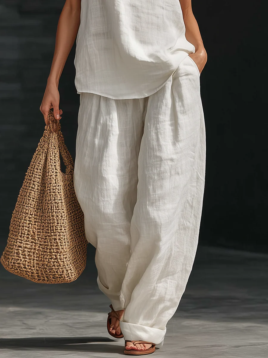 Halter Deep V-Neck Sleeveless Top and Wide Leg Pants Two Piece Set