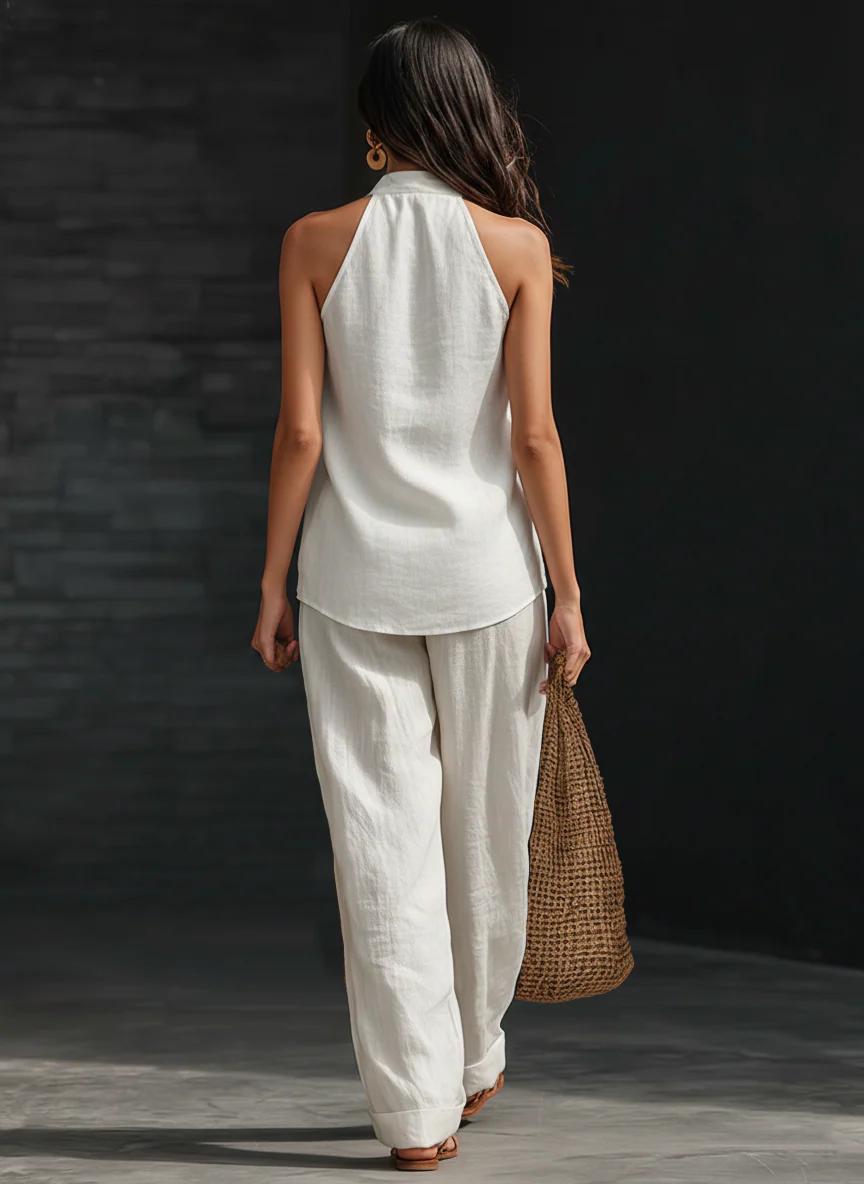 Halter Deep V-Neck Sleeveless Top and Wide Leg Pants Two Piece Set