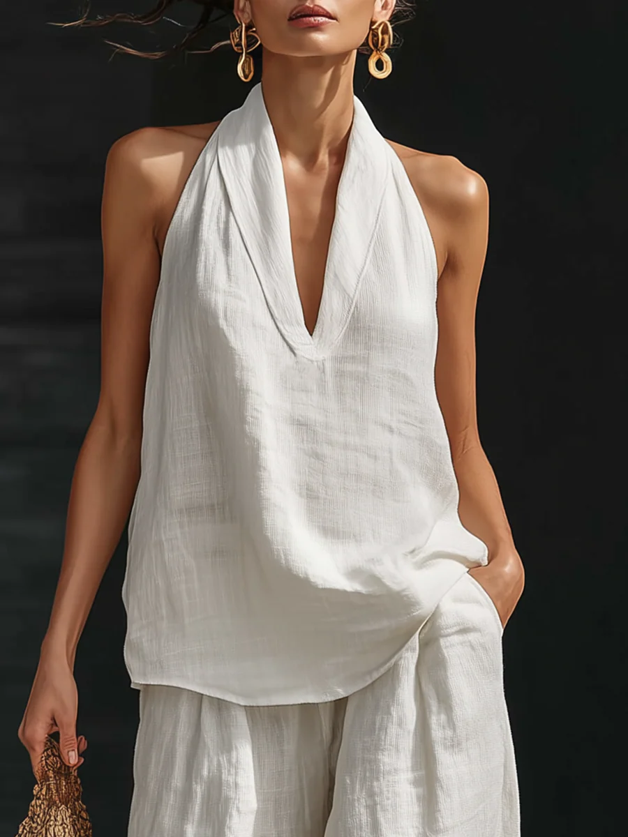 Halter Deep V-Neck Sleeveless Top and Wide Leg Pants Two Piece Set