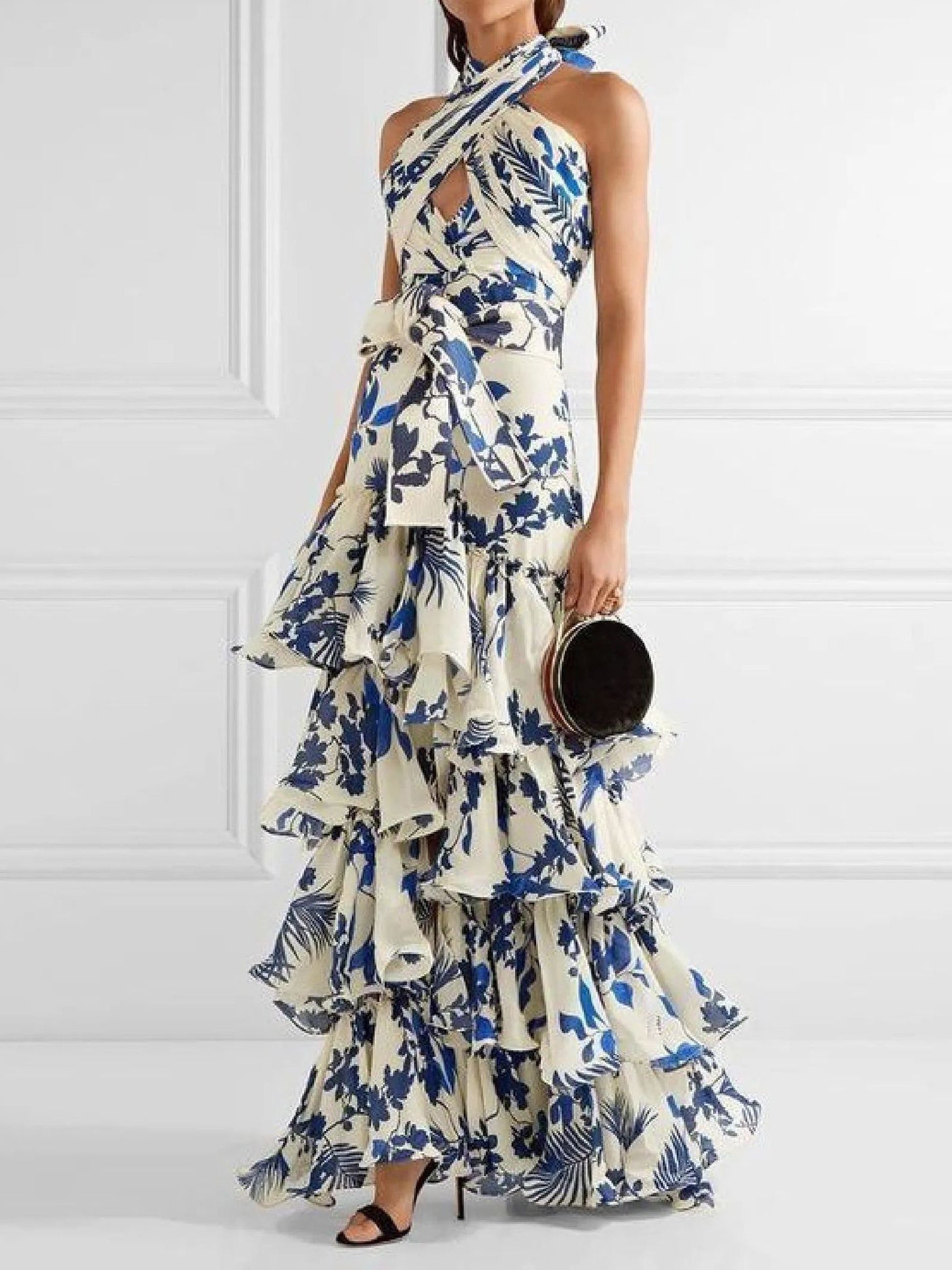 Blue and White Floral Halter Neck Backless Layered Ruffle Maxi Dress Blue