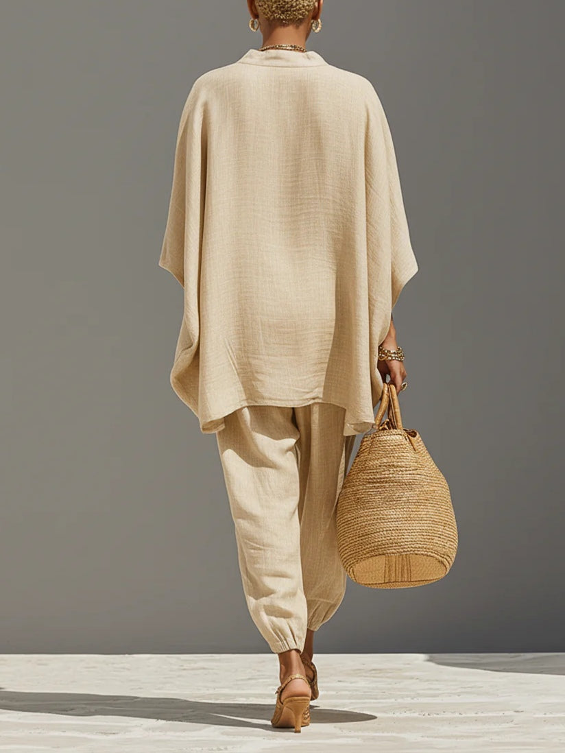 Linen Look V-Neck Batwing Sleeve Top and Tapered Pants Two Piece Set