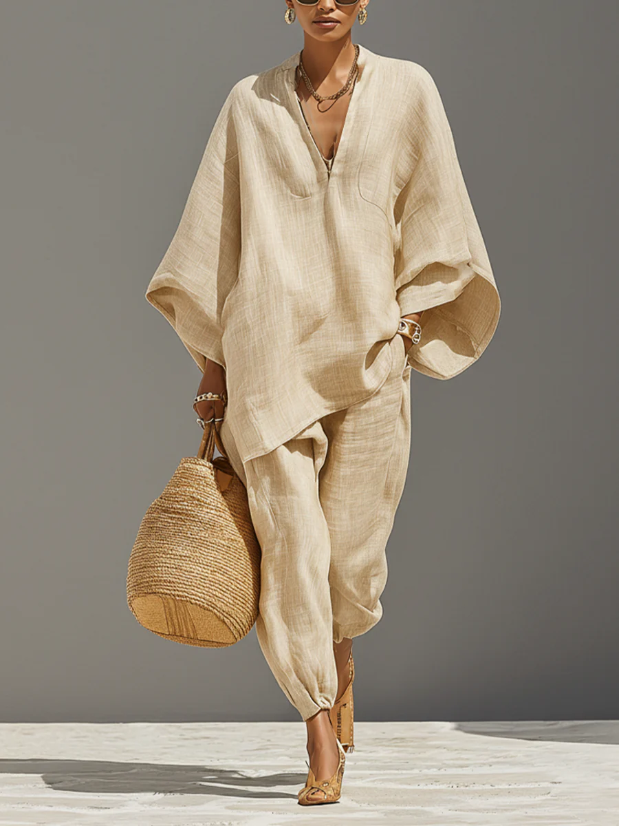 Linen Look V-Neck Batwing Sleeve Top and Tapered Pants Two Piece Set