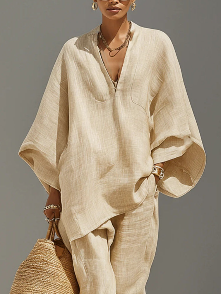 Linen Look V-Neck Batwing Sleeve Top and Tapered Pants Two Piece Set