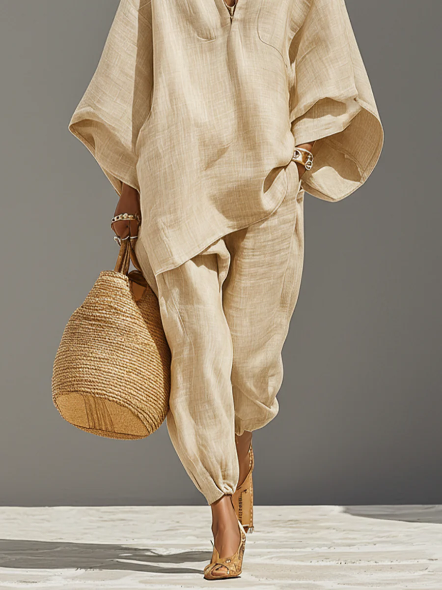 Linen Look V-Neck Batwing Sleeve Top and Tapered Pants Two Piece Set