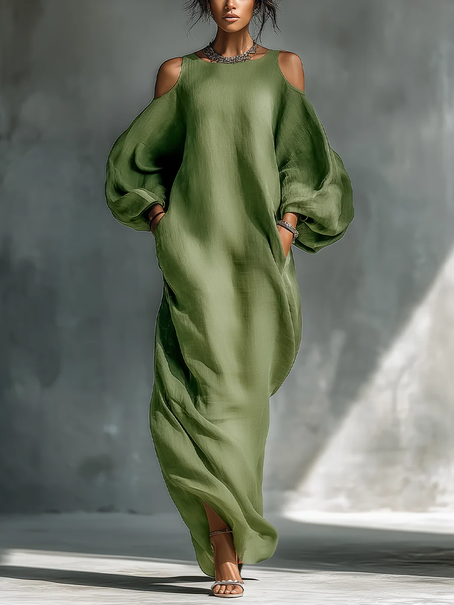 Cold Shoulder Long Sleeve Pocket Maxi Dress