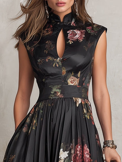Floral Satin Keyhole High Neck Pleated Midi Dress Cocktail