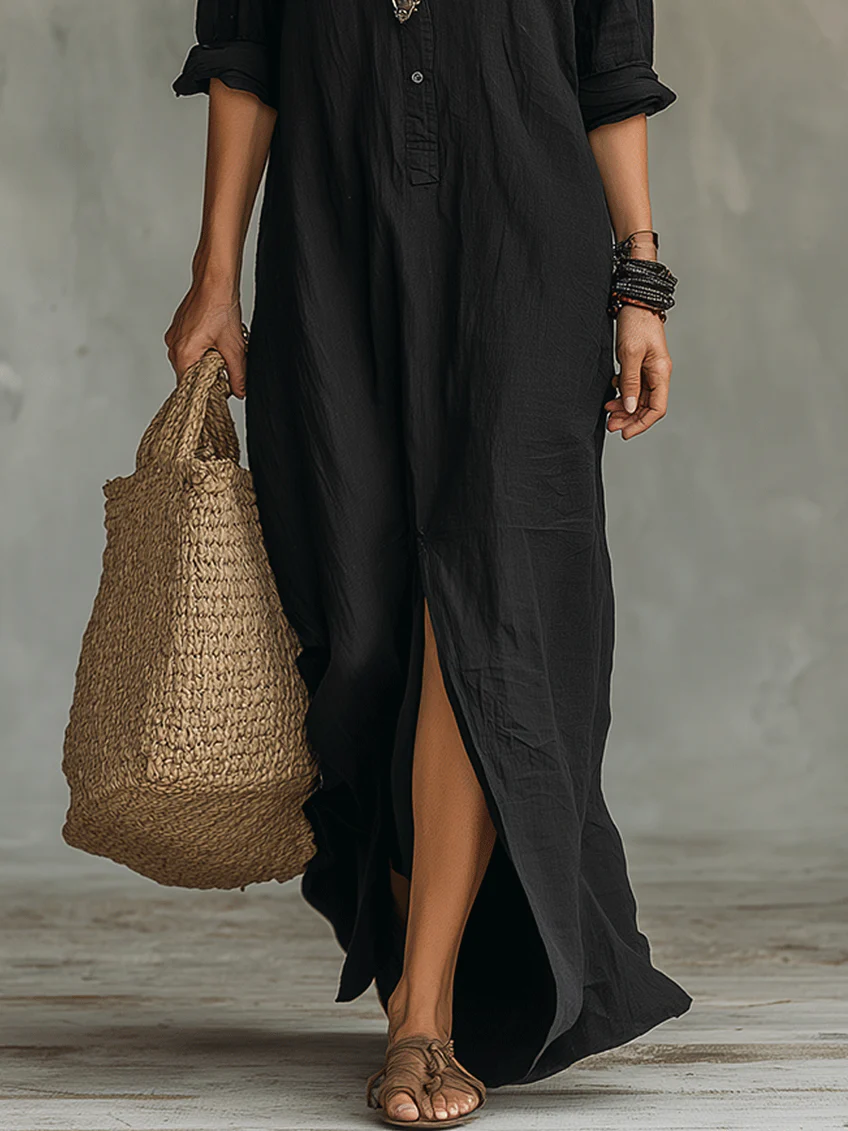 Collared Button Front Long Sleeve High Split Shirt Maxi Dress