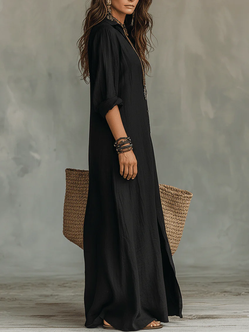 Collared Button Front Long Sleeve Side Split Shirt Maxi Dress